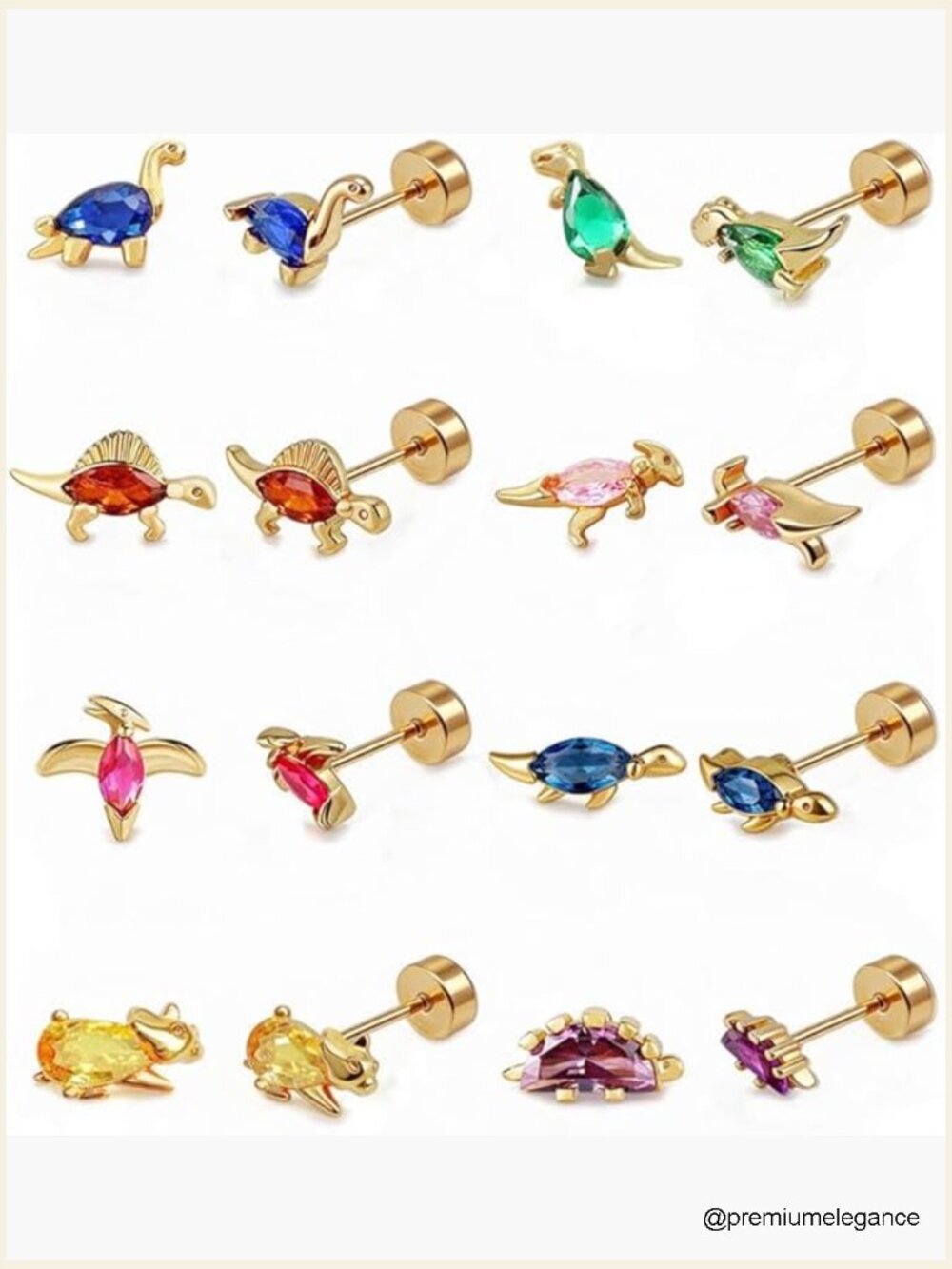 8 Pairs Hypoallergenic Screw Back Stud Earrings 20G Flat Back Dinosaur